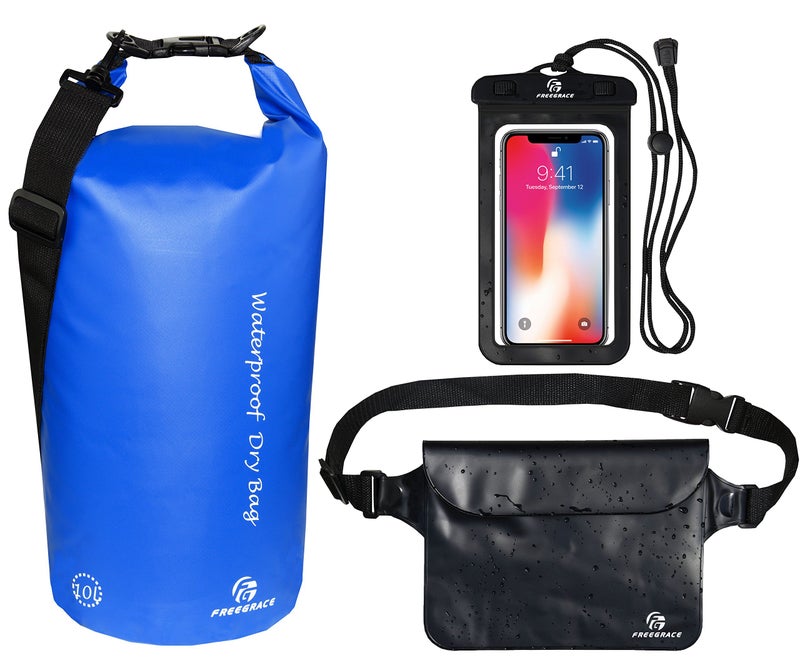 Freegrace Waterproof Dry Bags Set of 3 Dry Bag with 2 Zip Lock Seals & Detachable Shoulder Strap, Waist Pouch & Phone Case - Can Be Submerged Into Water - for Swimming (Navy Blue, 10L) - Image 1